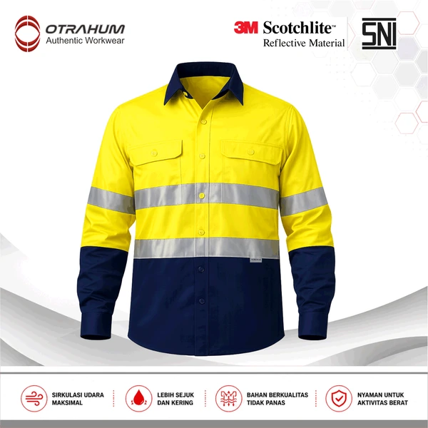 OTRAHUM ( Ber-SNI ) Baju Kemeja Seragam Wearpack Kerja Workwear Safety Lapangan Proyek K3 Reflective Scothlite Scotlite Untuk Pekerja Teknisi Operator Engineer Mining Tambang Navy Kuning Orange Merah Biru Turkis