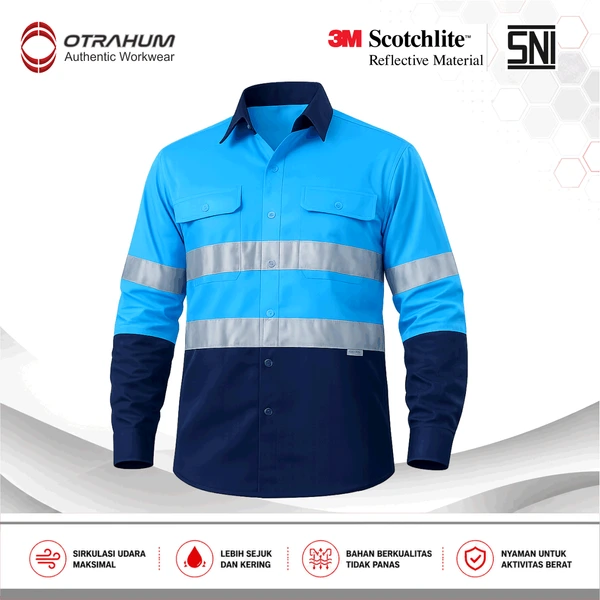 OTRAHUM ( Ber-SNI ) Baju Kemeja Seragam Wearpack Kerja Workwear Safety Lapangan Proyek K3 Reflective Scothlite Scotlite Untuk Pekerja Teknisi Operator Engineer Mining Tambang Navy Kuning Orange Merah Biru Turkis