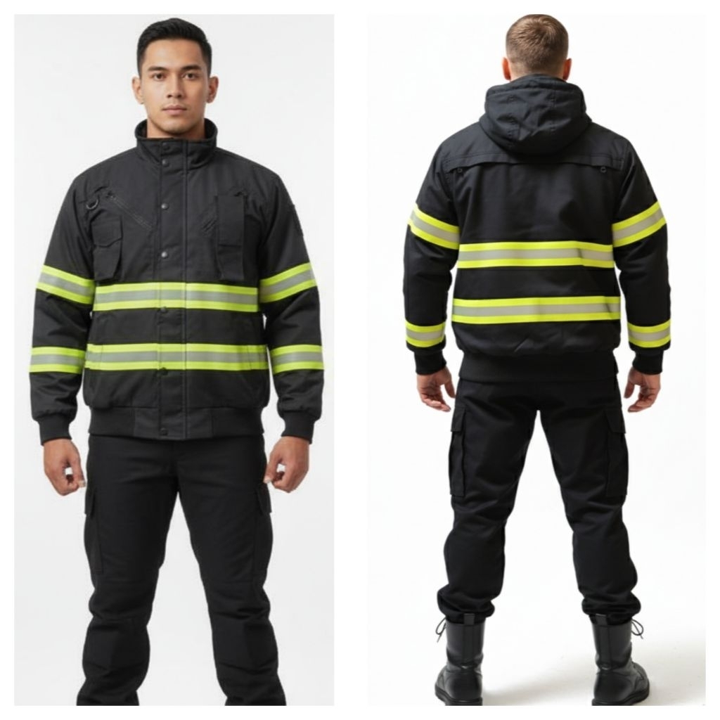 OTRAHUM Black Edition Jaket Bomber Safety Hi-Vis High Visibility Reflectif Scothlite Hifiz Bahan Taslan Waterproof Windproof untuk Tambang Mining Engineer Teknisi Tentara Security Tactical Steward Patwal Riding
