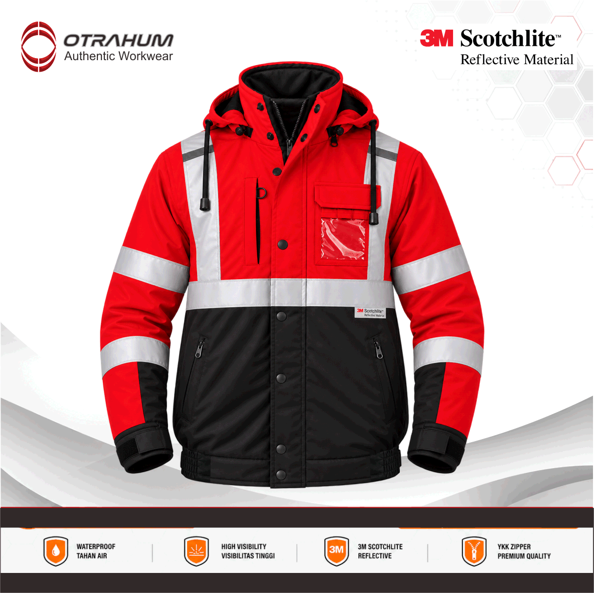 OTRAHUM Jaket Bomber Safety Hi-Vis High Visibility Jacket ANSI Reflective Scothlite Hifiz Bahan Taslan Waterproof untuk Tambang Mining Engineer Security Steward Patwal Hiking Geo Mapping