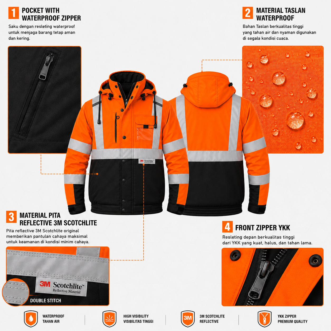 OTRAHUM Jaket Bomber Safety Hi-Vis High Visibility Jacket ANSI Reflective Scothlite Hifiz Bahan Taslan Waterproof untuk Tambang Mining Engineer Security Steward Patwal Hiking Geo Mapping