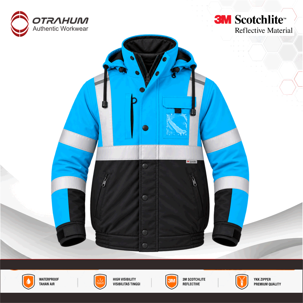OTRAHUM Jaket Bomber Safety Hi-Vis High Visibility Jacket ANSI Reflective Scothlite Hifiz Bahan Taslan Waterproof untuk Tambang Mining Engineer Security Steward Patwal Hiking Geo Mapping