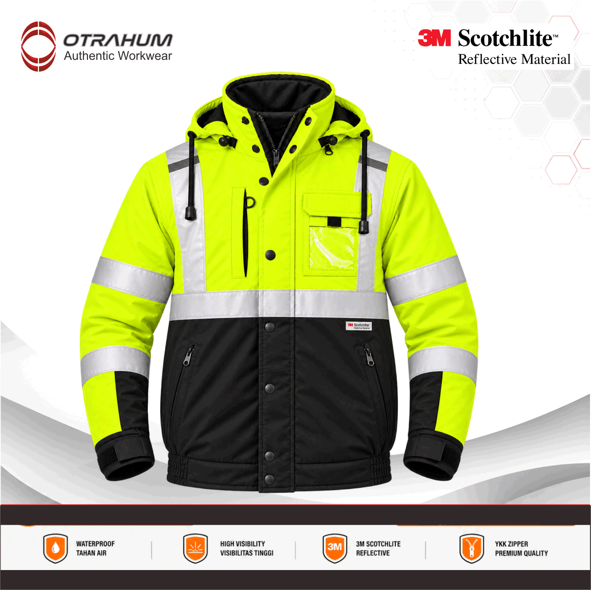 OTRAHUM Jaket Bomber Safety Hi-Vis High Visibility Jacket ANSI Reflective Scothlite Hifiz Bahan Taslan Waterproof untuk Tambang Mining Engineer Security Steward Patwal Hiking Geo Mapping