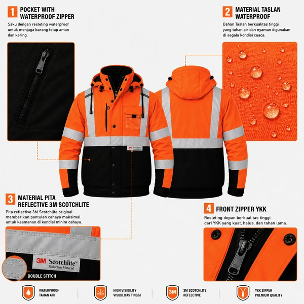 OTRAHUM Jaket Bomber Safety Hi-Vis High Visibility Jacket ANSI Reflective Scothlite Hifiz Bahan Taslan Waterproof untuk Tambang Mining Engineer Security Steward Patwal Hiking Geo Mapping