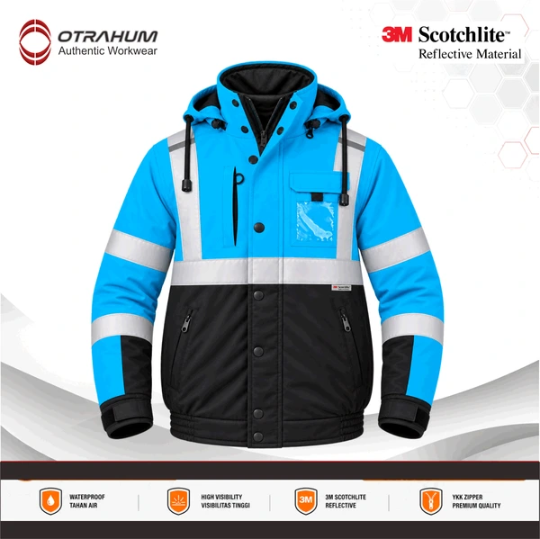 OTRAHUM Jaket Bomber Safety Hi-Vis High Visibility Jacket ANSI Reflective Scothlite Hifiz Bahan Taslan Waterproof untuk Tambang Mining Engineer Security Steward Patwal Hiking Geo Mapping