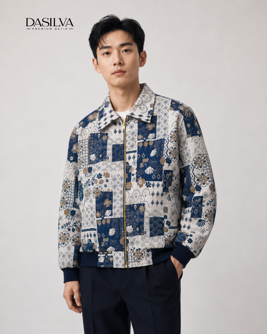 jaket bomber batik blouson motif mozaic blue