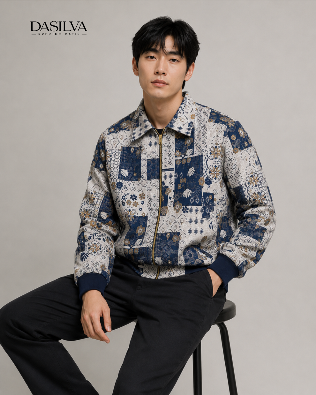 jaket bomber batik blouson motif mozaic blue