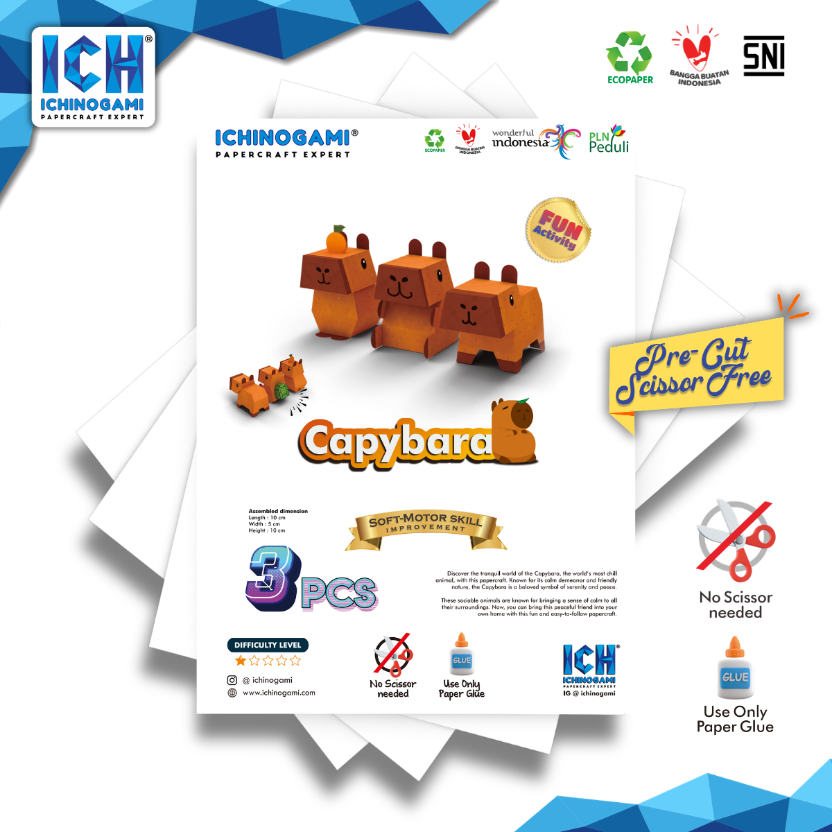 CapyBara isi 3 pcs, sistem Die Cut (Terpotong) Papercraft Ichinogami (DIY) -- (Beli min 3, disc 50% Limited time)