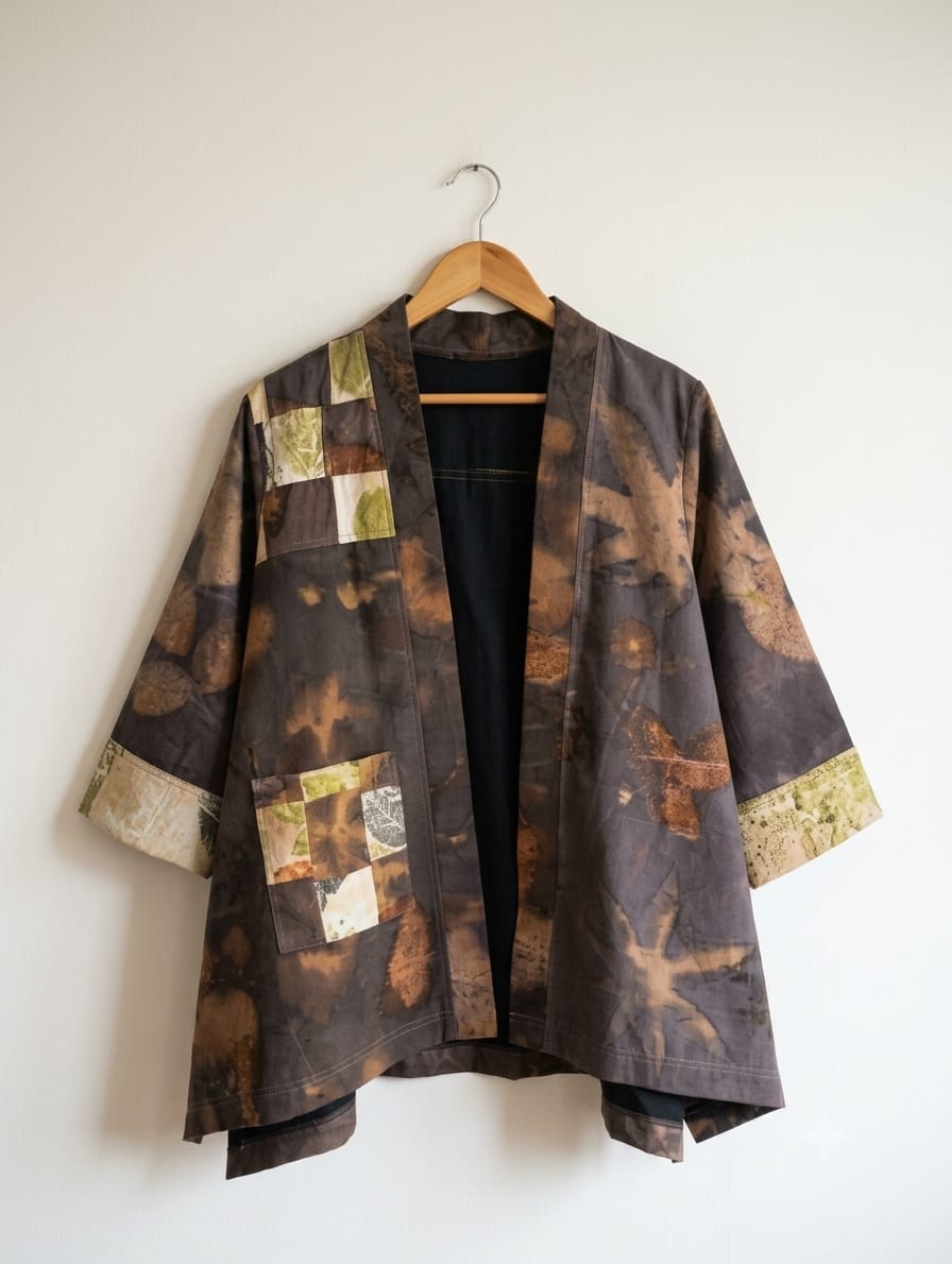 Outerwear Ecoprint Katun Dobby Motif Alam Kombinasi Tenun Troso Jepara