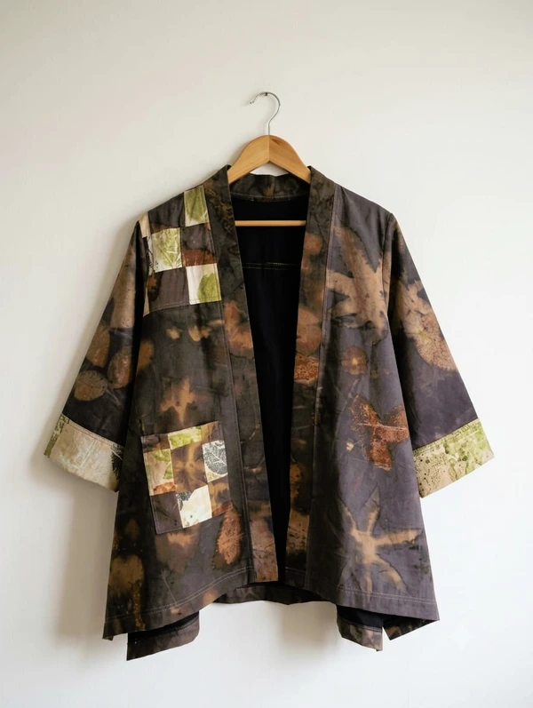 Outerwear Ecoprint Katun Dobby Motif Alam Kombinasi Tenun Troso Jepara