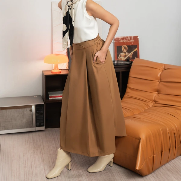 Sae. Emery Skirt - Rok Midi Wanita Camel Brown All Size - High Waist A-Line Skirt - Office & Smart Casual Look