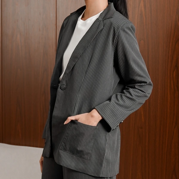 Sae. Piper Blazer Dark Charcoal Grey Pinstripe - Blazer Oversized Wanita - Workwear Smart Casual S/M - L/XL