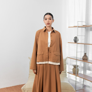 Sae. Isla Jacket Reversible Camel Brown Putih Stripe - Jaket Wanita 2-in-1 - Smart Casual Workwear S/M - L/XL