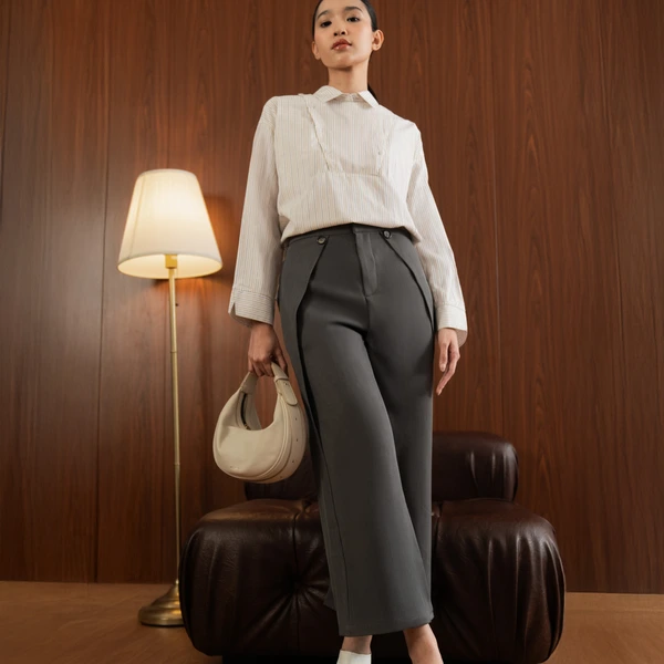Sae. Arden Pants Dark Grey - Celana Wanita Straight Fit Panel Depan Unik - Office Workwear S/M--L/XL