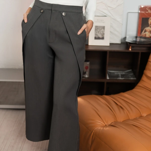 Sae. Arden Pants Dark Grey - Celana Wanita Straight Fit Panel Depan Unik - Office Workwear S/M--L/XL