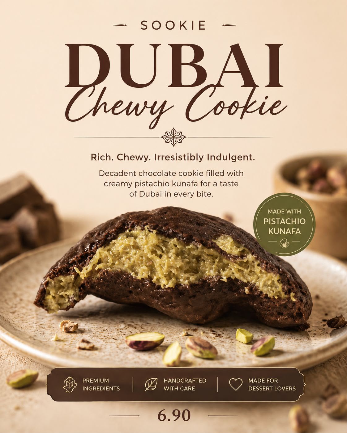SOOKIE Dubai Chewy Cookies 1 Pcs | Dubai Chocolate Cookies Isian Pistachio Kunafa | Soft Cookies Premium Viral Halal Jakarta