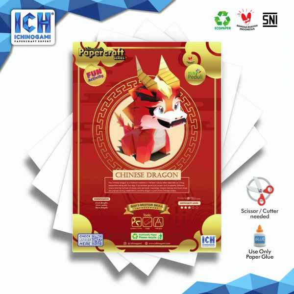 Chinese Dragon, Papercraft Ichinogami (DIY), isi 1 Set Naga Merah tinggi 30 cm