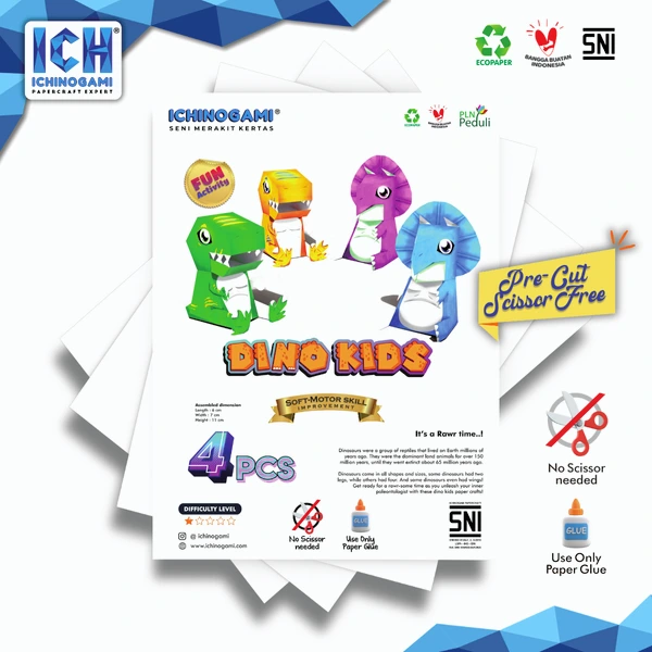 Dino kids isi 4 pcs, sistem Die Cut (Terpotong) Papercraft Ichinogami (DIY)