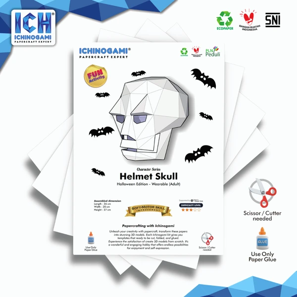 Helmet Skull, Papercraft Ichinogami (DIY), isi 1 wearable helm tengkorak Halloween, untuk kepala dewasa