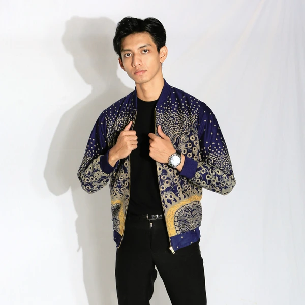 Jaket Bomber Batik Unisex Motif Mandala Biru