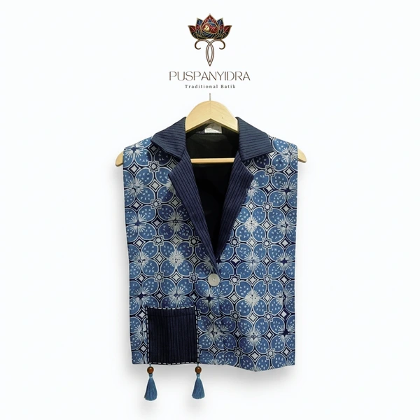 Cantili Vest Batik Indigo Warna Alam Wanita | Outer Batik Tanpa Lengan Motif Elegan