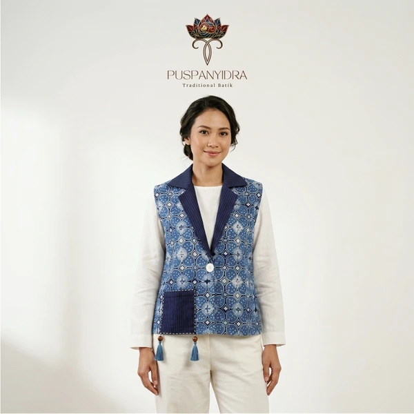 Cantili Vest Batik Indigo Warna Alam Wanita | Outer Batik Tanpa Lengan Motif Elegan