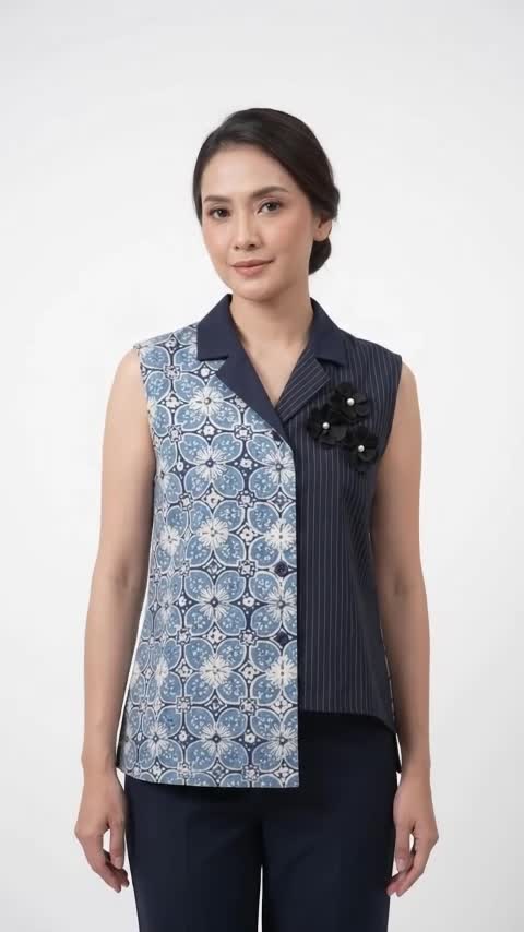 Outer Vest Batik Cap Wanita Kombinasi Biru - Rompi Batik Modern Asemtris / Outerwear Etnik