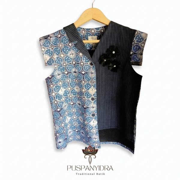 Outer Vest Batik Cap Wanita Kombinasi Biru - Rompi Batik Modern Asemtris / Outerwear Etnik