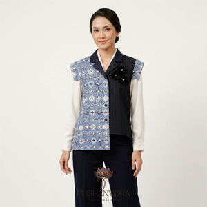 Outer Vest Batik Cap Wanita Kombinasi Biru - Rompi Batik Modern Asemtris / Outerwear Etnik
