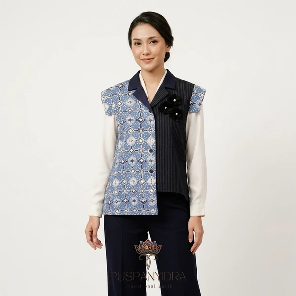 Outer Vest Batik Cap Wanita Kombinasi Biru - Rompi Batik Modern Asemtris / Outerwear Etnik