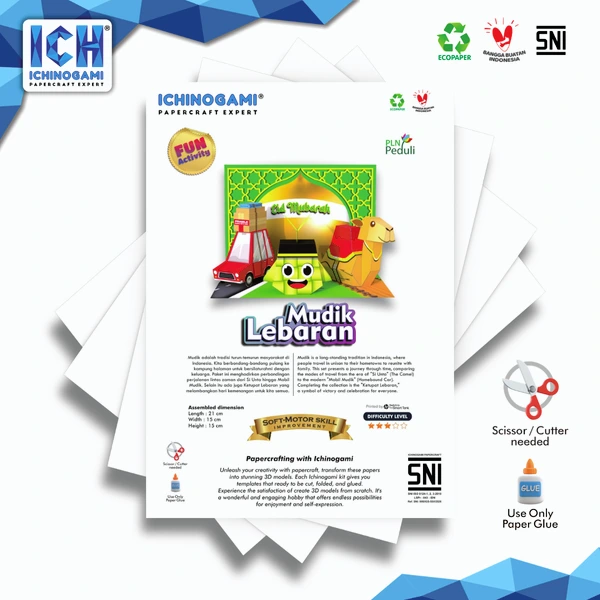 Mudik Lebaran isi 3 pcs, Papercraft Ichinogami (DIY), Mobil + Unta + Ketupat + Diorama