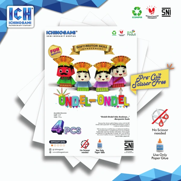 Ondel-Ondel isi 4 pcs, sistem Die Cut (Terpotong) Papercraft Ichinogami (DIY)