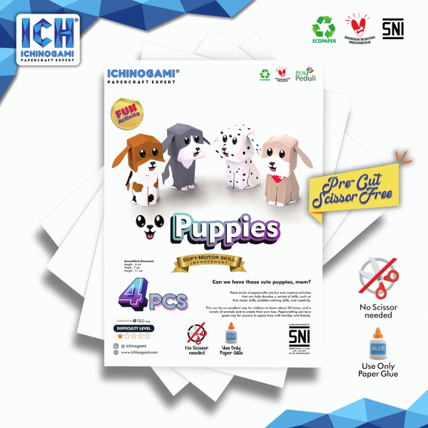 Puppies Set isi 4 pcs, sistem Die Cut (Terpotong) Papercraft Ichinogami (DIY)
