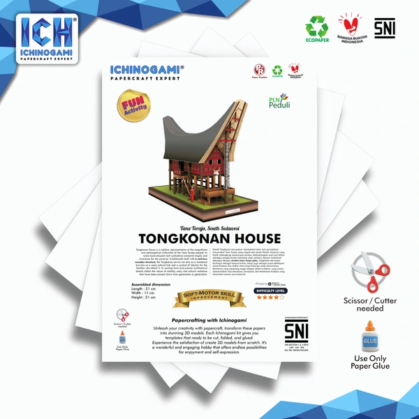 Tongkonan Toraja House, Papercraft Ichinogami (DIY), Isi 1 Set Landmark Toraja Sulawesi Selatan, Lengkap dengan Base, Tinggi 22 cm