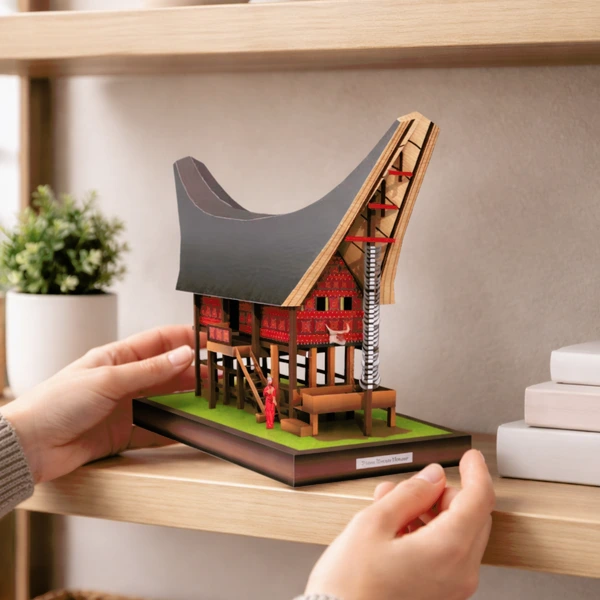 Tongkonan Toraja House, Papercraft Ichinogami (DIY), Isi 1 Set Landmark Toraja Sulawesi Selatan, Lengkap dengan Base, Tinggi 22 cm