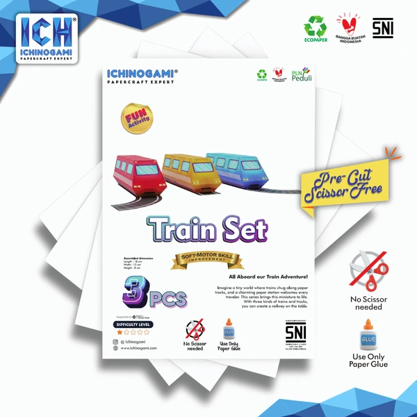Train Set isi 3 pcs, sistem Die Cut (Terpotong) Papercraft Ichinogami (DIY)