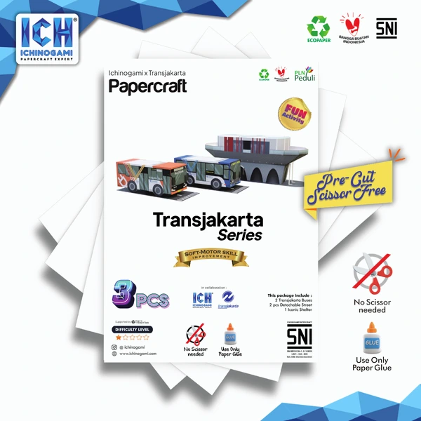 Transjakarta Series isi 3 pcs, sistem Die Cut (Terpotong) Papercraft Ichinogami (DIY) BRT, Electric Bus & Halte Iconic Tosari Jakarta