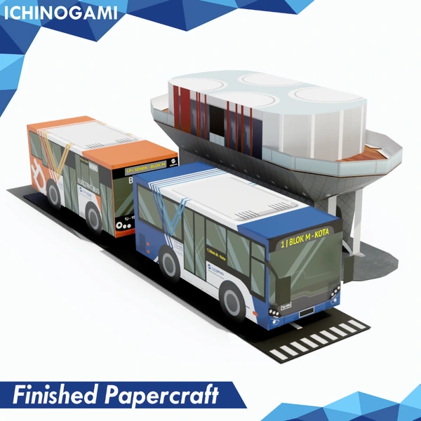 Transjakarta Series isi 3 pcs, sistem Die Cut (Terpotong) Papercraft Ichinogami (DIY) BRT, Electric Bus & Halte Iconic Tosari Jakarta