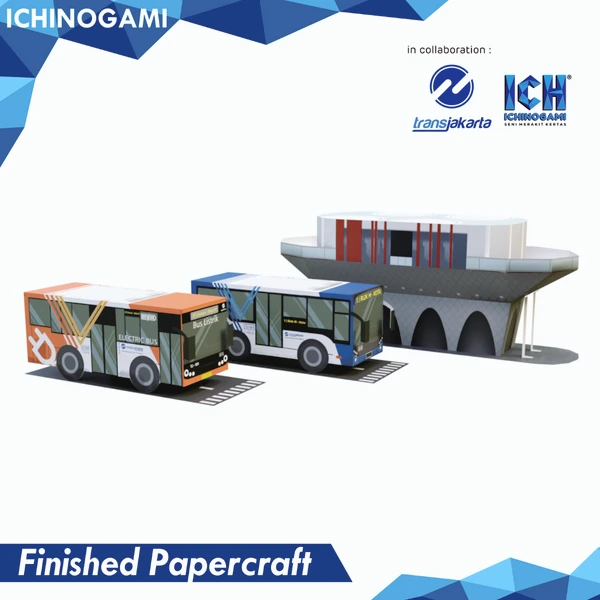 Transjakarta Series isi 3 pcs, sistem Die Cut (Terpotong) Papercraft Ichinogami (DIY) BRT, Electric Bus & Halte Iconic Tosari Jakarta