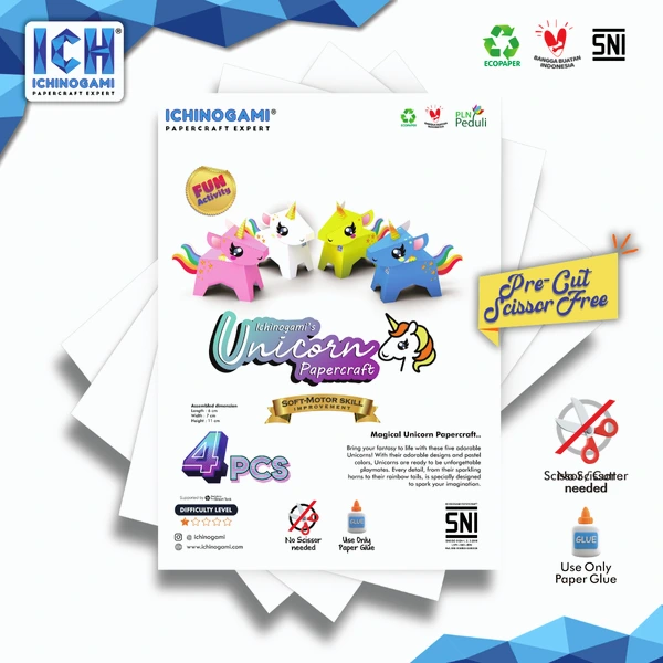 Unicorn Set isi 4 pcs, sistem Die Cut (Terpotong) Papercraft Ichinogami (DIY)