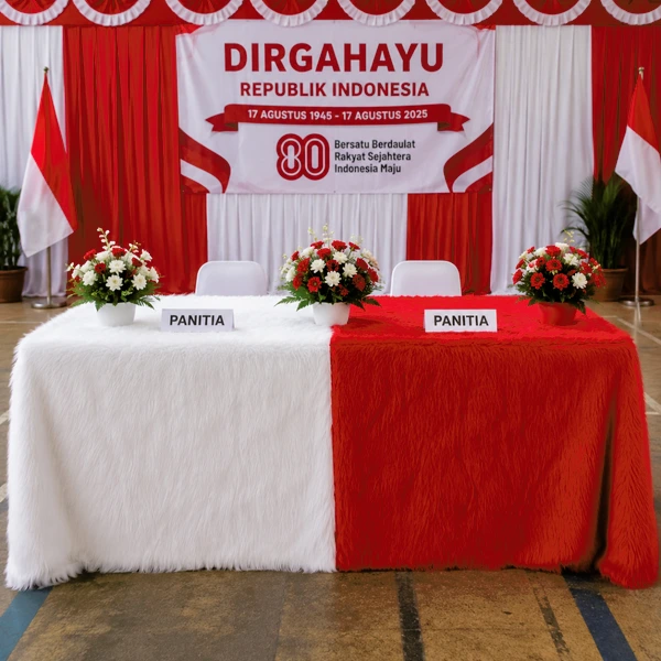 Taplak Meja Bulu Rasfur Merah Putih | Dekorasi 17 Agustus HUT RI, Hiasan Meja Lomba dan Acara Kemerdekaan