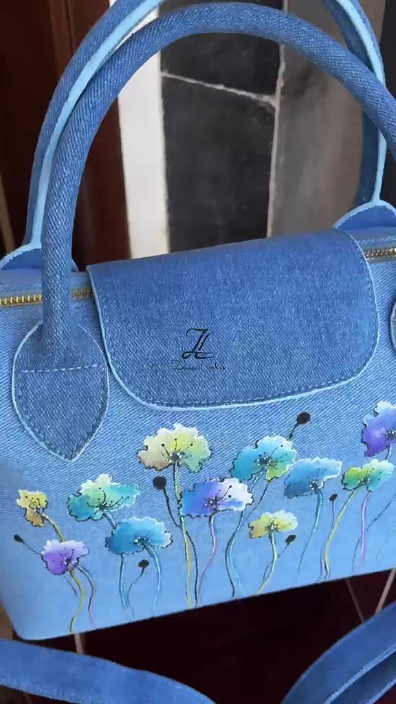 Dancing Flowers - ZL DENIM PAINTED BAG Size Medium - Tas Full Denim Motif Lukis Tangan by Zenea Lukis