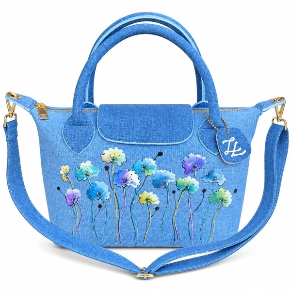 Dancing Flowers - ZL DENIM PAINTED BAG Size Medium - Tas Full Denim Motif Lukis Tangan by Zenea Lukis