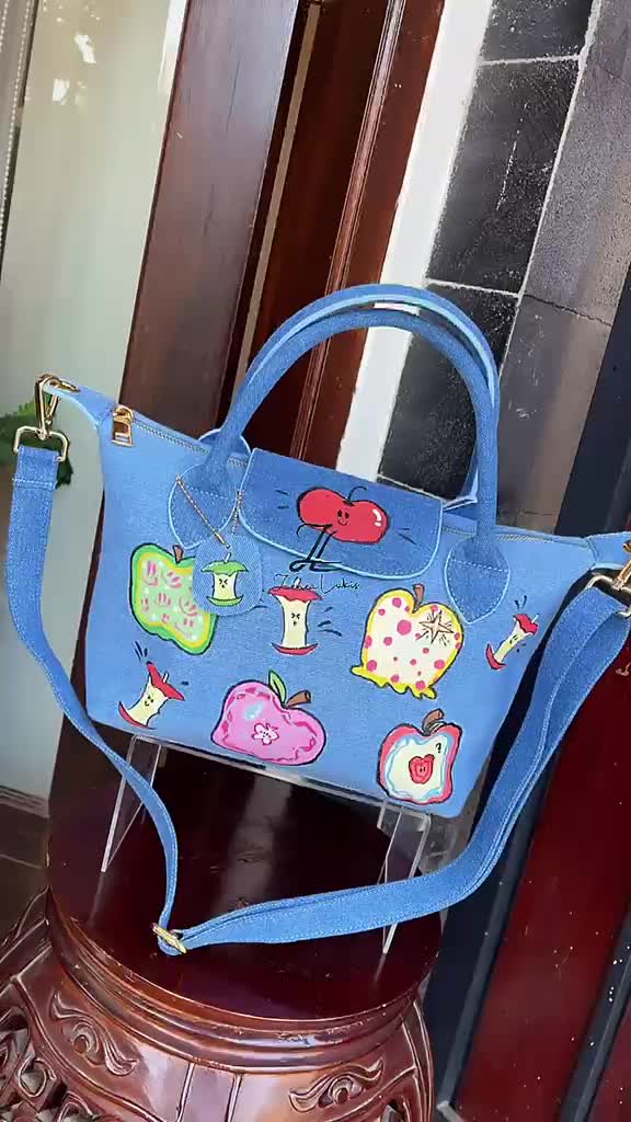 Apple Pop - ZL DENIM PAINTED BAG Size Medium - Tas Full Denim Motif Lukis Tangan by Zenea Lukis