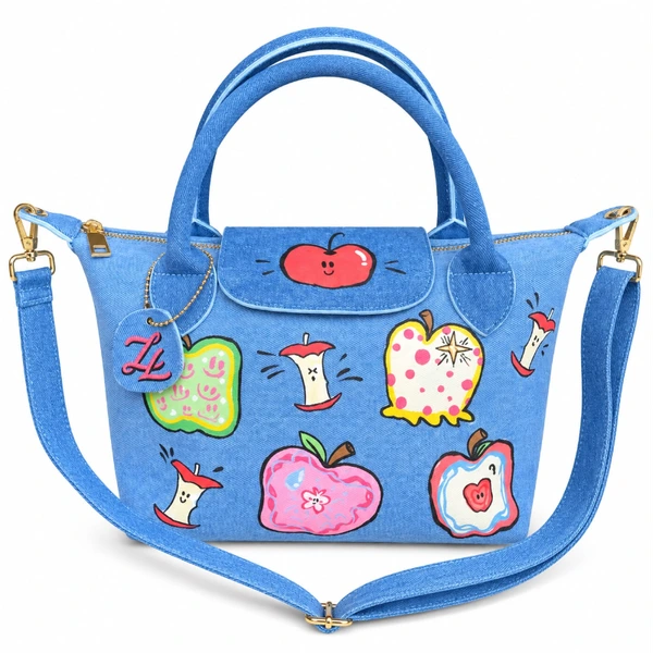 Apple Pop - ZL DENIM PAINTED BAG Size Medium - Tas Full Denim Motif Lukis Tangan by Zenea Lukis