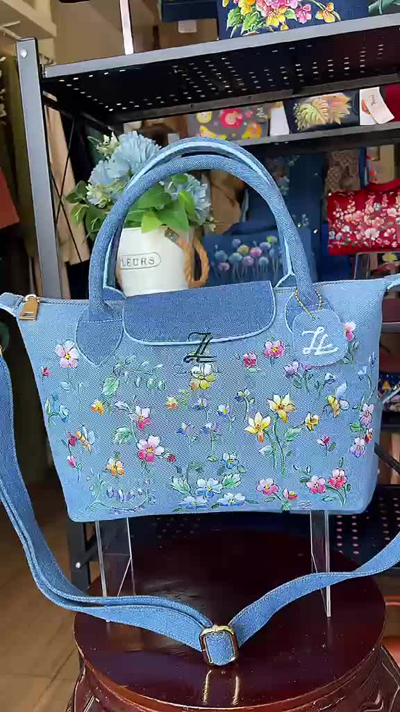 Spring Serenade - ZL DENIM PAINTED BAG Size Medium - Tas Full Denim Motif Lukis Tangan by Zenea Lukis
