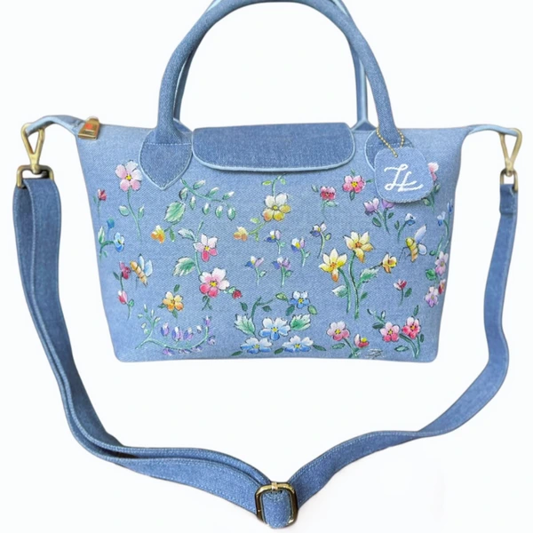 Spring Serenade - ZL DENIM PAINTED BAG Size Medium - Tas Full Denim Motif Lukis Tangan by Zenea Lukis