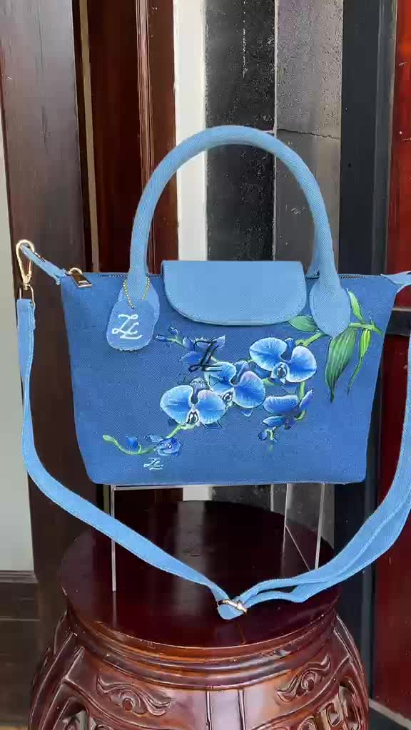 Blue Orchid - ZL DENIM PAINTED BAG Size Medium - Tas Full Denim Motif Lukis Tangan by Zenea Lukis