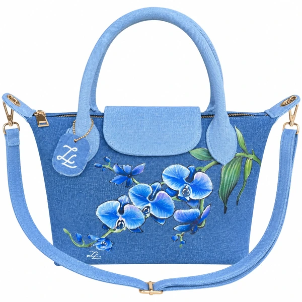 Blue Orchid - ZL DENIM PAINTED BAG Size Medium - Tas Full Denim Motif Lukis Tangan by Zenea Lukis