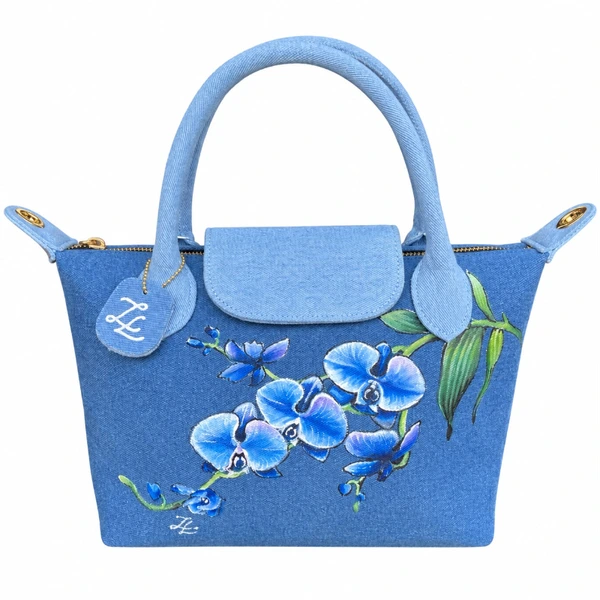 Blue Orchid - ZL DENIM PAINTED BAG Size Medium - Tas Full Denim Motif Lukis Tangan by Zenea Lukis